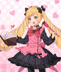 Rule 34 | 1girl, :d, apron, black bow, black dress, black pantyhose, blonde hair, blush, book, bow, checkered background, dress, elise (fire emblem), fire emblem, fire emblem fates, frilled apron, frills, hair bow, heart, holding, index finger raised, long hair, long sleeves, multicolored hair, nintendo, open book, open mouth, pantyhose, pink apron, purple eyes, purple hair, smile, solo, spatula, streaked hair, striped clothes, striped dress, transistor, twintails, vertical-striped clothes, vertical-striped dress, very long hair