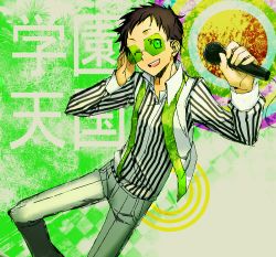 Rule 34 | 1boy, abstract, c (rahit), durarara!!, glasses, green-tinted glasses, green theme, grin, male focus, microphone, one eye closed, rahit, ryuugamine mikado, smile, solo, striped, translation request, vest, wink