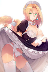 Rule 34 | 1girl, backlighting, breasts, chromatic aberration, clothes lift, commentary request, crotch seam, detached collar, dragon quest, dragon quest vi, earrings, eyes visible through hair, garter belt, green eyes, highres, jewelry, large breasts, leaning forward, lifted by self, lingerie, long hair, looking at viewer, low-tied long hair, maid, mireyu, panties, panties over garter belt, parted lips, puffy short sleeves, puffy sleeves, short sleeves, simple background, skirt, skirt lift, smile, solo, supurai, thighhighs, underwear, white background, white garter belt, white panties, white thighhighs