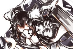 Rule 34 | 10s, 1girl, abyssal ship, anchorage water oni, black hair, colored skin, covered mouth, deel (rkeg), highres, horns, kantai collection, long hair, orange eyes, simple background, solo, white background, white skin