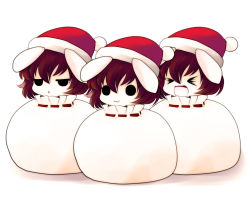 Rule 34 | &gt; &lt;, 3girls, :&lt;, :3, > <, animal ears, brown hair, rabbit ears, chestnut mouth, chibi, clone, closed eyes, female focus, fur trim, hat, in container, inaba tewi, multiple girls, multiple persona, sack, santa hat, solid circle eyes, touhou, x3, yume shokunin
