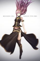 Rule 34 | 1girl, armband, bare shoulders, belt, black thighhighs, blue eyes, blurry, blurry background, boots, character name, commentary, cross-laced footwear, english text, floating hair, full body, hairband, highres, jewelry, knee boots, lace-up boots, long skirt, looking at viewer, megurine luka, multiple belts, necklace, open clothes, open skirt, purple hair, skirt, sleeveless, smile, solo, sugi 214, thighhighs, vocaloid