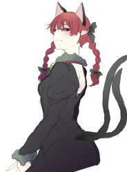 Rule 34 | 1girl, animal ears, braid, cat ears, dress, duplicate, extra ears, hair ribbon, highres, kaenbyou rin, looking at viewer, looking back, multiple tails, nicutoka, pixel-perfect duplicate, pointy ears, red eyes, red hair, ribbon, smile, solo, tail, touhou, twin braids, two tails, white background