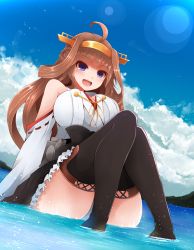 Rule 34 | 10s, 1girl, :d, ahoge, arano oki, bare shoulders, black footwear, black thighhighs, blush, boots, breasts, brown hair, cleavage, cloud, day, detached sleeves, double bun, female focus, hair bun, hairband, highres, japanese clothes, kantai collection, kongou (kancolle), kongou kai ni (kancolle), large breasts, lens flare, long hair, looking at viewer, miniskirt, nontraditional miko, open mouth, panties, pantyshot, purple eyes, sitting, skirt, sky, smile, solo, thigh boots, thighhighs, tsurime, underwear, water, white panties