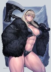 Rule 34 | 1girl, abs, axe, battle axe, black coat, black gloves, black hairband, blonde hair, breasts, coat, cropped legs, fur coat, gloves, hairband, large breasts, long hair, muscular, muscular female, muscular legs, original, over shoulder, purple eyes, solo, standing, takebouzu, thick thighs, thighs, warrior, weapon, weapon over shoulder