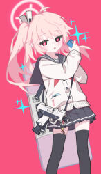 Rule 34 | 1girl, ahoge, black sailor collar, blue archive, cardigan, cellphone, gun, halo, holding, long sleeves, looking at viewer, lurenjia, micro uzi, milk carton, miniskirt, natsu (blue archive), neckerchief, open mouth, phone, pink hair, pleated skirt, red eyes, red neckerchief, riot shield, sailor collar, shield, side ponytail, simple background, skirt, sleeves past wrists, smartphone, solo, sparkle, submachine gun, thighhighs, weapon, white cardigan