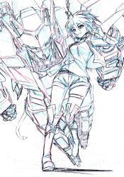 Rule 34 | 1girl, belt, boots, choker, colored pencil (medium), commentary request, cropped jacket, full body, hair flaps, highres, jacket, kumichou (ef65-1118-ef81-95), looking at viewer, mecha, monochrome, open mouth, original, robot, shirt, short hair, shorts, sketch, skindentation, thigh boots, thigh strap, thighhighs, traditional media