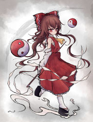 Rule 34 | 1girl, arms behind back, ascot, bare shoulders, bow, brown eyes, brown hair, closed mouth, detached sleeves, frilled skirt, frills, from side, full body, gohei, grey background, hair bow, hakurei reimu, highres, holding, holding stick, long hair, long skirt, looking at viewer, looking to the side, orb, red bow, red shirt, red skirt, ribbon-trimmed sleeves, ribbon trim, sandals, sarashi, shen li, shirt, skirt, sleeveless, sleeveless shirt, socks, solo, stick, touhou, white socks, yellow ascot, yin yang, yin yang orb