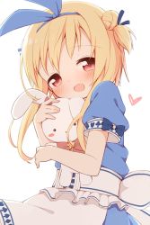 Rule 34 | 1girl, :d, alice girl (ayanepuna), apron, ayanepuna, blonde hair, blue dress, blue hairband, blue ribbon, blush, club (shape), commentary request, diamond (shape), double bun, dress, frilled apron, frills, hair bun, hair ribbon, hairband, heart, highres, hugging object, long hair, looking at viewer, open mouth, original, puffy short sleeves, puffy sleeves, red eyes, ribbon, short sleeves, simple background, smile, solo, spade (shape), stuffed animal, stuffed rabbit, stuffed toy, two side up, waist apron, white apron, white background
