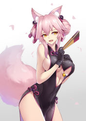 Rule 34 | 1girl, animal ear fluff, animal ears, bare shoulders, bell, black dress, black gloves, blush, breasts, center opening, china dress, chinese clothes, dress, fate/grand order, fate (series), folding fan, fox ears, fox girl, fox tail, gloves, hair between eyes, hand fan, hand on own chest, highres, hip focus, jingle bell, koyanskaya (chinese lostbelt outfit) (fate), koyanskaya (fate), large breasts, liu lan, long hair, looking to the side, open mouth, pink hair, sideboob, sidelocks, smile, solo, tail, tamamo (fate), tassel, thighs, underboob, white background, yellow eyes