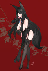 Rule 34 | 1girl, animal ears, bare shoulders, bell, black-haired fox girl (hayabusa), black footwear, black hair, black thighhighs, blue eyes, blush, breast curtains, breasts, cleavage, closed mouth, elbow gloves, floral background, fox shadow puppet, full body, gloves, hayabusa, high heels, highres, large breasts, leaning forward, looking at viewer, mole, mole on breast, mole under eye, original, pelvic curtain, red background, signature, smile, solo, standing, tail, thick eyebrows, thighhighs, thighs