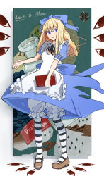 Rule 34 | 1girl, alice (black souls), apron, black ribbon, black souls, blonde hair, bloomers, blue bow, blue eyes, bow, brown footwear, compass rose, drink me potion, frilled apron, frills, full body, hair bow, long hair, looking to the side, neck ribbon, parted lips, puffy short sleeves, puffy sleeves, ribbon, shoes, short sleeves, sidelocks, solo, striped clothes, striped thighhighs, thighhighs, underwear, white apron, white bloomers, zi cha mo xue