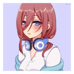 Rule 34 | 1girl, artist name, blue background, blue cardigan, blue eyes, blush, border, breasts, brown hair, cardigan, collared shirt, commentary, dress shirt, go-toubun no hanayome, hair between eyes, headphones, headphones around neck, highres, long hair, medium breasts, nakano miku, off-shoulder jacket, off shoulder, open mouth, shellvi, shirt, simple background, solo, striped, two-tone background, upper body, white border, white shirt