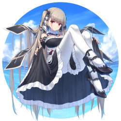 Rule 34 | 1girl, azur lane, black bow, black dress, black footwear, black nails, blue sky, bow, breasts, brown hair, clothes lift, cloud, commentary request, day, dress, dress lift, fingernails, flight deck, formidable (azur lane), frilled dress, frills, full body, gohei (aoi yuugure), hair bow, high heels, highres, knees up, large breasts, lifting own clothes, long hair, nail polish, ocean, pantyhose, red eyes, rudder footwear, shoes, sidelocks, sky, solo, twintails, very long hair, water, white pantyhose
