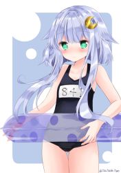 Rule 34 | 1girl, bare arms, bare shoulders, black one-piece swimsuit, blush, closed mouth, cowboy shot, crescent, crescent hair ornament, gluteal fold, green eyes, hair between eyes, hair flaps, hair ornament, innertube, kantai collection, long hair, looking at viewer, name tag, nanase nao, old school swimsuit, one-piece swimsuit, polka dot, polka dot innertube, purple innertube, school swimsuit, short hair with long locks, silver hair, solo, swim ring, swimsuit, thigh gap, transparent, twitter username, very long hair, yayoi (kancolle)