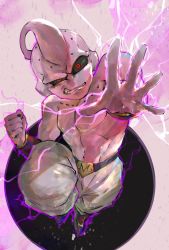 Rule 34 | 1boy, absurdres, belt, black nails, black sclera, clenched hand, clenched teeth, colored sclera, colored skin, dragon ball, dragonball z, electricity, fingernails, highres, ikuyoan, kid buu, majin buu, male focus, nail polish, navel, open hand, pink skin, puffy pants, red eyes, topless male, solo, teeth