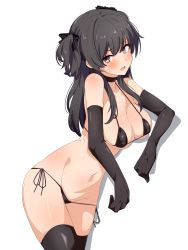 Rule 34 | 1girl, absurdres, bare shoulders, bikini, black bikini, black gloves, black hair, black thighhighs, blush, breasts, brown eyes, cleavage, collarbone, elbow gloves, gloves, highres, idolmaster, idolmaster shiny colors, long hair, looking at viewer, mayuzumi fuyuko, navel, open mouth, seihekiog, solo, swimsuit, thighhighs, thighs, two side up