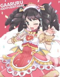 Rule 34 | 1girl, ;d, bad id, bad twitter id, black hair, character name, commentary request, confetti, cowboy shot, detached sleeves, dress, fake wings, fang, gaaruru (pripara), grey eyes, hairband, hands up, happy birthday, headphones, idol clothes, inactive account, long hair, looking at viewer, nail polish, one eye closed, open mouth, pretty series, pripara, red dress, red nails, shiyurinpu, sidelocks, smile, solo, standing, twintails, winged hairband, wings, wrist cuffs