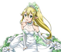 Rule 34 | 1girl, :d, between legs, blonde hair, blush, braid, breasts, bridal gauntlets, cleavage, dress, floating hair, flower, green eyes, hair between eyes, hair ornament, hand between legs, high ponytail, jewelry, leafa, looking at viewer, medium breasts, open mouth, pointy ears, ring, sitting, sleeveless, sleeveless dress, smile, solo, sword art online, transparent background, twin braids, wedding dress, white dress, white flower