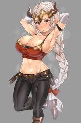 Rule 34 | 1girl, :o, aliza (granblue fantasy), arm strap, armpits, arms behind head, arms up, bandaged arm, bandages, belt, belt buckle, black pants, blush, boots, bow, braid, breasts, brown footwear, buckle, bursting breasts, cleavage, collarbone, feet out of frame, granblue fantasy, grey background, hair bow, horns, knee boots, koucha indian, large breasts, leg up, long hair, looking at viewer, navel, open mouth, pants, pointy ears, red bow, red eyes, shiny skin, silver hair, simple background, single braid, smell, solo, standing, standing on one leg, steaming body, stomach, sweat, very long hair