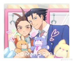 Rule 34 | 2boys, ace attorney, antenna hair, apollo justice, aqua bow, aqua bowtie, aqua necktie, black hair, blue eyes, blue jacket, blush, border, bow, bowtie, brown eyes, brown hair, closed mouth, collared shirt, commission, crane game, hugging doll, drawn heart, english text, forehead, frown, highres, jacket, kanmi (kanmiland), lapel pin, lapels, looking at viewer, male focus, multiple boys, necktie, hugging object, phoenix wright, pink necktie, red vest, shirt, short hair, smile, spiked hair, stuffed animal, stuffed rabbit, stuffed toy, suit jacket, teddy bear, upper body, vest, white border, white shirt