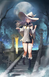 Rule 34 | 1girl, absurdres, bandaged leg, bandages, bare tree, black footwear, blue eyes, book, boots, clothing cutout, crystalherb, full moon, graveyard, grey hair, hat, hat belt, highres, holding, holding book, holding lantern, lantern, looking at viewer, moon, night, original, outdoors, side cutout, stairs, standing, stone lantern, tombstone, tree, white hair, white hat, witch