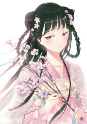 Rule 34 | 1girl, black hair, blunt bangs, blush, braid, braided bun, braided hair rings, braided tail, cherry blossoms, chinese clothes, closed mouth, clothing request, collarbone, double bun, flower, hair bun, hair flower, hair ornament, hair rings, hanfu, highres, kusaka kou, long hair, looking to the side, original, purple eyes, solo, white background