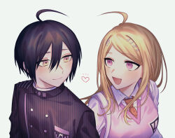 Rule 34 | 1boy, 1girl, :d, ahoge, akamatsu kaede, black hair, black jacket, blonde hair, blush, brown eyes, closed mouth, collared shirt, commentary request, couple, danganronpa (series), danganronpa v3: killing harmony, eye contact, eyelashes, fortissimo, hair between eyes, hair ornament, happy, heart, hetero, highres, jacket, long hair, looking at another, musical note, musical note hair ornament, nose, open mouth, pink eyes, pink sweater vest, saihara shuichi, school uniform, shimazu., shirt, short hair, side-by-side, simple background, smile, sweater vest, tsurime, upper body, white background, white shirt