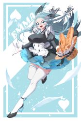 Rule 34 | 1girl, absurdres, alternate costume, apron, baguette, basket, black survival, blue eyes, blue hair, braid, bread, breasts, emma hardy, enmaided, eternal return: black survival, food, gloves, hair ribbon, high heels, highres, large breasts, long hair, looking at viewer, maid, maid apron, miniskirt, official alternate costume, open mouth, ribbon, skirt, solo, spade (shape), thighhighs, underbust, white gloves, white thighhighs, yabby, zettai ryouiki