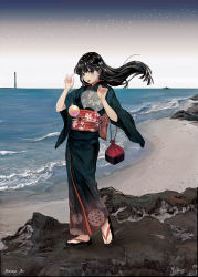 Rule 34 | 1girl, bad id, bad pixiv id, beach, bento, black hair, blush, butterfly hair ornament, full body, hair ornament, highres, japanese clothes, kimono, lighthouse, long hair, looking at viewer, miri nanase, ocean, open mouth, original, sandals, solo, water balloon