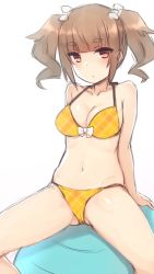 Rule 34 | 1girl, arm support, ball, bare shoulders, bikini, blunt bangs, blush, bow, bow bikini, breasts, brown hair, cleavage, closed mouth, collarbone, commentary, copyright request, exercise ball, gluteal fold, groin, hair bow, highres, medium breasts, nagami yuu, navel, plaid, plaid bikini, red eyes, simple background, sitting, solo, swimsuit, thick eyebrows, twintails, white background, white bow, yellow bikini