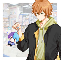 Rule 34 | 1boy, absurdres, aoyagi touya, aqua hair, black jacket, black pants, blue hair, blue jacket, blurry, blurry background, blush stickers, border, closed mouth, commentary request, earrings, fingernails, green eyes, hair between eyes, hand in pocket, highres, hood, hoodie, hugging doll, hugging object, indoors, jacket, jewelry, lamp, long sleeves, looking at object, male focus, multicolored hair, open clothes, open jacket, orange hair, outside border, pants, pocket, project sekai, pukadoki (banilla4086), shelf, shinonome akito, solo, split-color hair, upper body, white border, yellow hoodie