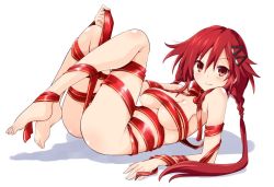 Rule 34 | 1girl, ass, blush, braid, breasts, commentary request, from side, full body, hair ornament, hairclip, iwashi dorobou -r-, knees up, long hair, looking at viewer, lying, medium breasts, naked ribbon, neptune (series), on back, orange eyes, red hair, ribbon, shin jigen game neptune vii, simple background, smile, solo, tennouboshi uzume, thighs, twin braids, twintails, very long hair, white background
