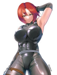 Rule 34 | 1girl, armpits, black gloves, black leotard, bodysuit, breasts, closed mouth, dino crisis, elbow gloves, gloves, gun, highres, holding, holding weapon, large breasts, leotard, looking at viewer, red hair, regina (dino crisis), short hair, simple background, skin tight, solo, varbecrank, weapon, white background