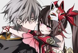 Rule 34 | 1boy, 1girl, arms around neck, bare shoulders, bell, black gloves, black jacket, brown hair, caelus (honkai: star rail), commentary, criss-cross halter, detached sleeves, dlckrpwjd111, fox mask, gloves, grey background, grey hair, hair bell, hair ornament, halterneck, honkai: star rail, honkai (series), hood, hood down, jacket, japanese clothes, jingle bell, kimono, long hair, looking at another, mask, mask on head, mole, mole under eye, portrait, purple eyes, red kimono, red sleeves, shirt, simple background, single glove, sleeveless, sleeveless kimono, sparkle (honkai: star rail), tongue, tongue out, trailblazer (honkai: star rail), twintails, white shirt, yellow eyes