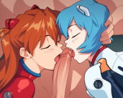 Rule 34 | 1boy, 2girls, ayanami rei, blue hair, closed eyes, completely nude, cooperative fellatio, erection, fellatio, ffm threesome, group sex, hair between eyes, hand on another&#039;s head, head out of frame, hetero, interface headset, licking, licking penis, multiple girls, neon genesis evangelion, nude, oral, penis, plugsuit, souryuu asuka langley, suoiresnu, threesome, uncensored