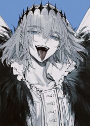 Rule 34 | 1boy, alternate hair color, arthropod boy, au (d elete), blue background, blue eyes, cape, collared shirt, crown, diamond hairband, evil grin, evil smile, fate/grand order, fate (series), fur collar, grey hair, grin, insect wings, long sleeves, looking at viewer, male focus, medium hair, oberon (fate), oberon (third ascension) (fate), official alternate costume, open mouth, shirt, signature, simple background, smile, solo, spoilers, teeth, tongue, twitter username, upper body, upper teeth only, white shirt, wings