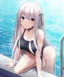 Rule 34 | 1girl, bad id, bad pixiv id, black one-piece swimsuit, breasts, choker, collarbone, competition swimsuit, cross, cross choker, girls&#039; frontline, highleg, highleg swimsuit, highres, iron cross, kar98k (girls&#039; frontline), keenh, large breasts, long hair, looking at viewer, one-piece swimsuit, pool, poolside, red eyes, smile, solo, swimsuit, water, wet, white hair