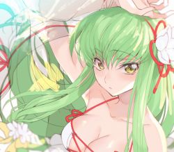 Rule 34 | 1girl, arm up, bikini, breasts, c.c., cleavage, code geass, collarbone, creayus, floating hair, flower, green hair, hair between eyes, hair flower, hair ornament, hair ribbon, halterneck, long hair, looking at viewer, medium breasts, parted lips, red ribbon, ribbon, solo, swimsuit, upper body, very long hair, white bikini, white flower, yellow eyes