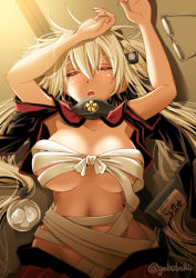 Rule 34 | 10s, 1girl, arms up, blonde hair, blush, breasts, budget sarashi, commentary request, dark-skinned female, dark skin, unworn eyewear, glasses, hair between eyes, highres, indoors, kantai collection, large breasts, long hair, lying, musashi (kancolle), navel, on back, open mouth, pointy hair, sarashi, skirt, sleeping, sogabe toshinori, solo, twitter username, two side up