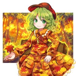 Rule 34 | 1girl, alternate color, autumn leaves, box, camouflage, camouflage headwear, camouflage jacket, camouflage skirt, closed mouth, flat cap, forest, green eyes, green hair, hat, highres, jacket, key, long sleeves, looking at viewer, medium hair, nature, orange hat, orange jacket, orange skirt, outdoors, pocket, pote (ptkan), skirt, smile, solo, standing, touhou, yamashiro takane