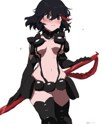 Rule 34 | 1girl, 2021, absurdres, holding behind back, black gloves, black hair, black thighhighs, blush, breasts, commentary request, dated, elbow gloves, furrowed brow, gloves, highres, holding, holding weapon, kill la kill, looking down, matoi ryuuko, multicolored hair, navel, nudist beach uniform, pouch, red hair, scissor blade (kill la kill), simple background, solo, streaked hair, takatisakana, thighhighs, tsurime, underboob, weapon, white background