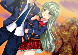Rule 34 | 1boy, 1girl, :o, holding another&#039;s arm, autumn leaves, bag, blazer, blush, bow, bowtie, collared shirt, cowboy shot, girlfriend (kari), green eyes, green hair, hand in pocket, head out of frame, masaoka mai, necktie, outdoors, parted lips, plaid, plaid skirt, plant, pleated skirt, red skirt, school bag, school uniform, shirt, skirt, solo focus, sunset, tomaton, tree