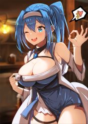 Rule 34 | alyssa (specktech), bare shoulders, beer mug, blue eyes, blue hair, breasts, choker, cleavage, commission, cowboy shot, cup, detached sleeves, dress, dress tug, fellatio gesture, froth, gem, hair between eyes, hairband, hand up, highres, implied prostitution, large breasts, mug, one eye closed, open mouth, original, phantasy star, phantasy star online 2, ponytail, second-party source, skeb commission, skindentation, smile, spoken emoji, table, thigh strap, yuzuruka (bougainvillea)