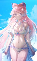 Rule 34 | 1girl, armpit crease, arms at sides, bead bracelet, beads, bikini, blue sky, blush, bow-shaped hair, bracelet, breasts, clam shell, cleavage, closed mouth, cloud, collared shirt, colored tips, cowboy shot, day, earrings, frilled bikini, frills, front-tie top, genshin impact, hair ornament, hair wings, halterneck, halterneck, highres, jewelry, long hair, looking at viewer, medium breasts, multi-strapped bikini, multicolored hair, nasii, navel, outdoors, pink hair, purple eyes, sangonomiya kokomi, see-through, shirt, sky, smile, solo, standing, star (symbol), star hair ornament, stomach, swimsuit, thick eyebrows, thigh gap, thighlet, wind
