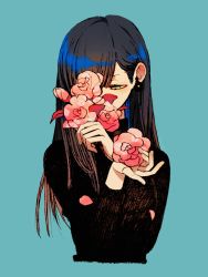 Rule 34 | 1girl, black sweater, blue background, brown hair, covered mouth, cropped torso, earrings, fingernails, flower, green eyes, half-closed eyes, highres, jewelry, long hair, long sleeves, looking down, one eye covered, original, saltsimulacrum, simple background, smelling flower, solo, sweater, turtleneck, turtleneck sweater, upper body