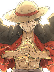 Rule 34 | 1boy, black coat, black hair, coat, coat on shoulders, fist in hand, grin, hat, jacket, kankan33333, looking at viewer, male focus, monkey d. luffy, one piece, open clothes, open jacket, red jacket, sanpaku, short hair, simple background, smile, solo, straw hat, upper body, white background, yellow eyes