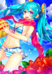 Rule 34 | 1girl, :d, absurdres, aqua eyes, aqua hair, bad id, bad pixiv id, ball, beachball, bikini, bikini skirt, breasts, cleavage, day, flower, front-tie top, hatsune miku, hibiscus, highres, long hair, medium breasts, navel, nonomaro, open mouth, red scarf, scarf, smile, solo, striped bikini, striped clothes, swimsuit, twintails, vocaloid