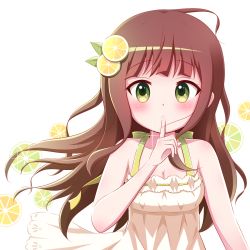 Rule 34 | 1girl, ahoge, bare arms, bare shoulders, blush, breasts, brown hair, cleavage, collarbone, commentary request, covered mouth, dress, food, fruit, gochuumon wa usagi desu ka?, goth risuto, green eyes, hand up, highres, lemon, lemon slice, long hair, looking at viewer, medium breasts, simple background, sleeveless, sleeveless dress, solo, sparkle, ujimatsu chiya, upper body, very long hair, white background, white dress