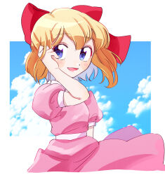 Rule 34 | 1girl, artist name, blonde hair, blue eyes, bow, child, cyappy1022, dress, hair between eyes, hair bow, happy, highres, long bangs, mother (game), mother 2, nintendo, open mouth, paula (mother 2), pink dress, short hair, sky, smile, solo